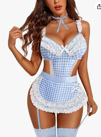 Sexy Women's Hollow Backless Maid Cloth Uniform Suit Blue Plaid - D&A