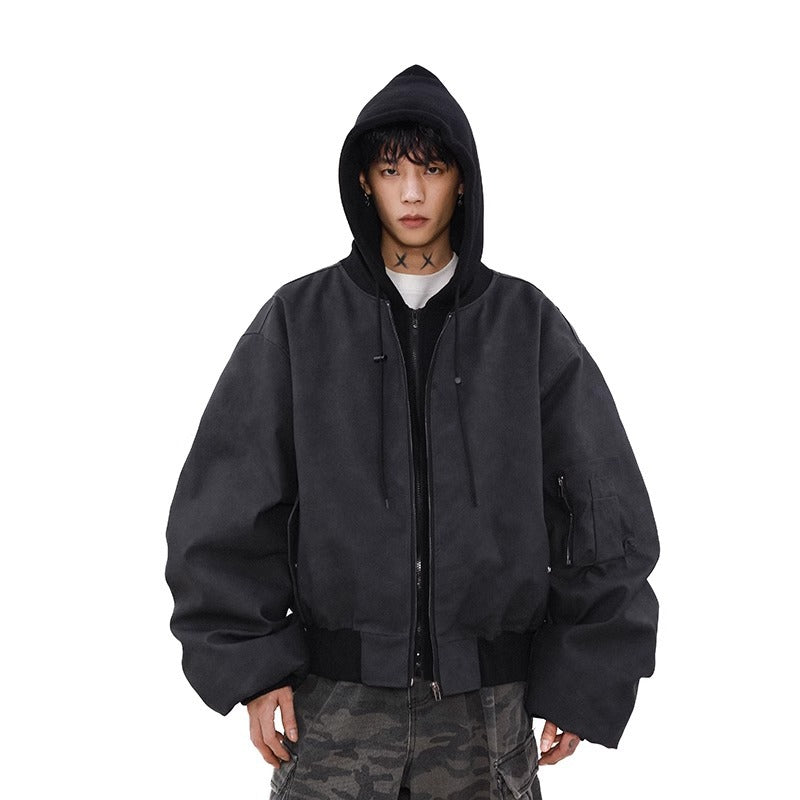 Loose Casual Hooded Coat Idle Style False Two-piece Jackets Gray Fake Two Pieces - D&A