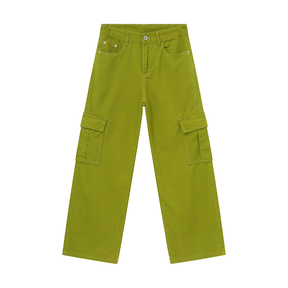 Men's Solid Color Basic Loose Casual Straight-leg Denim Trousers Fruit Green - D&A