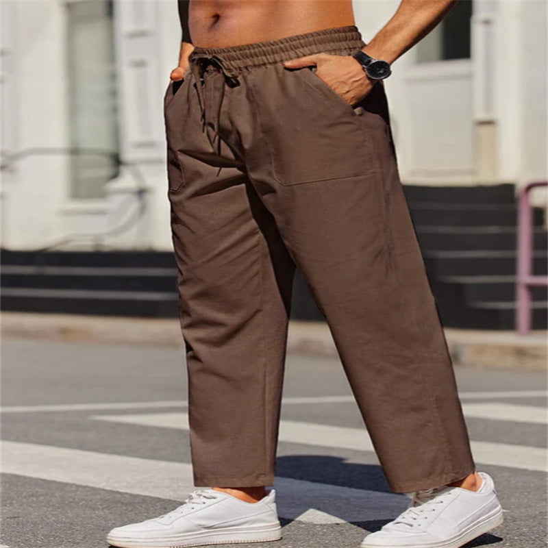 Men's Linen Solid Color Casual Elastic Waist Outdoor Daily Breathable Tube Pants Dark Brown - D&A