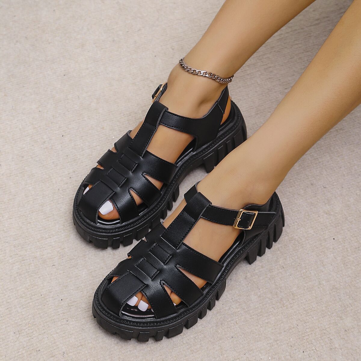 Korean Style Round Toe Ankle-strap Buckle Closed Toe Flat Hollowed - D&A