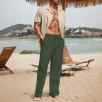 Men's Cotton And Linen Beach Trousers Drawstring Elastic Waist Straight Comfortable Breathable - D&A