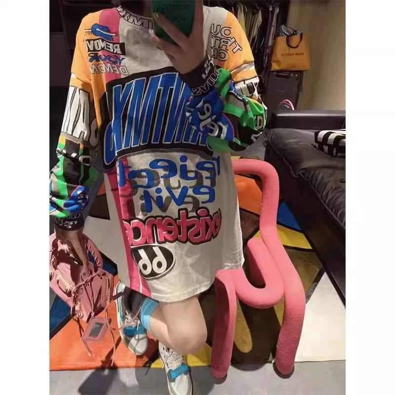 Graffiti Printing Design Round Neck Long Sleeve T-shirt - D&A