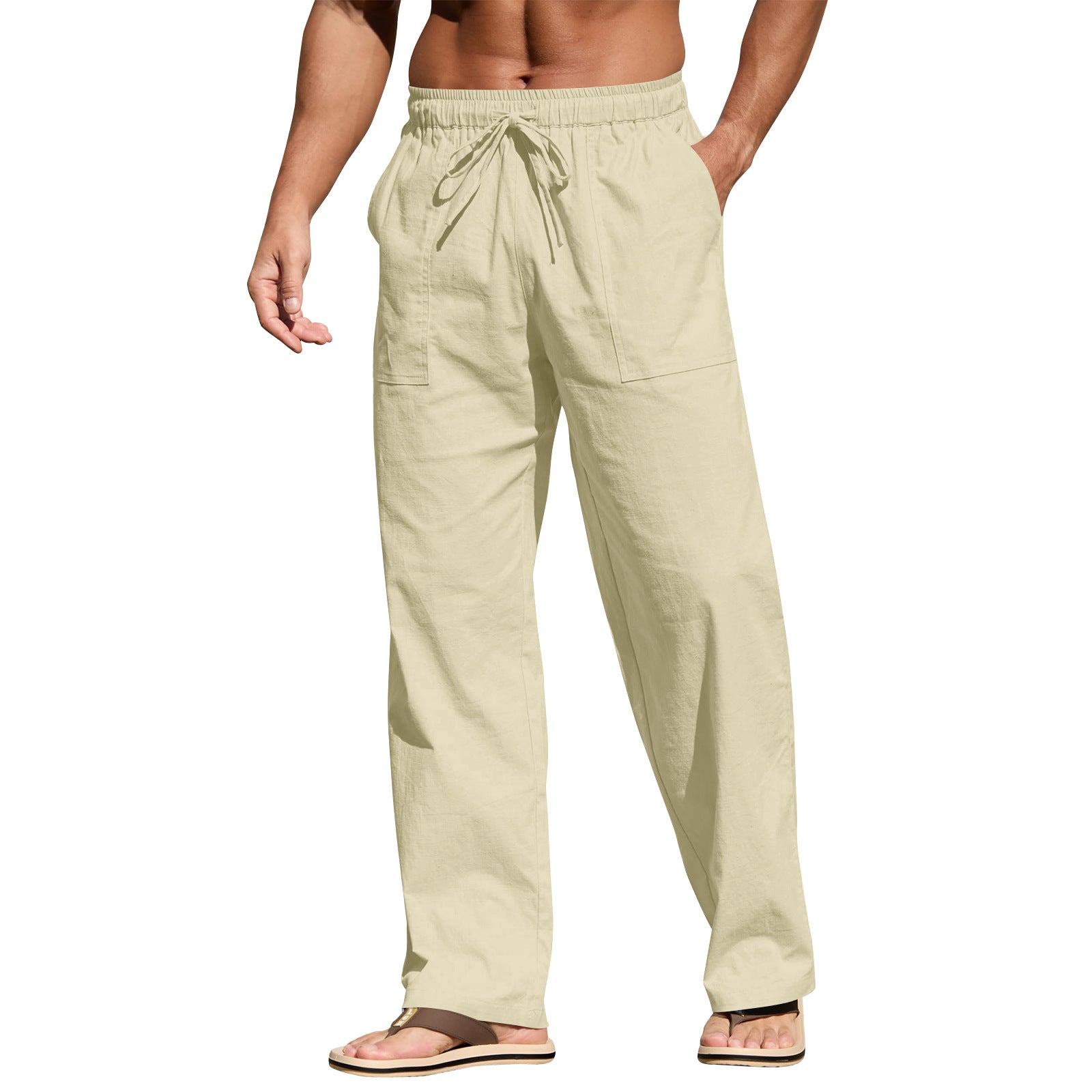 Men's Cotton And Linen Beach Trousers Drawstring Elastic Waist Straight Comfortable Breathable - D&A