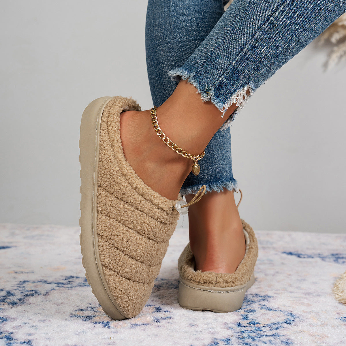 String Clip Adjustable Half Slippers Cotton Shoes Indoor And Outdoor Brown - D&A