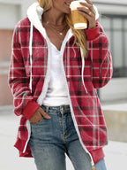 Women's Plush Lined Plaid Hooded Coat - D&A