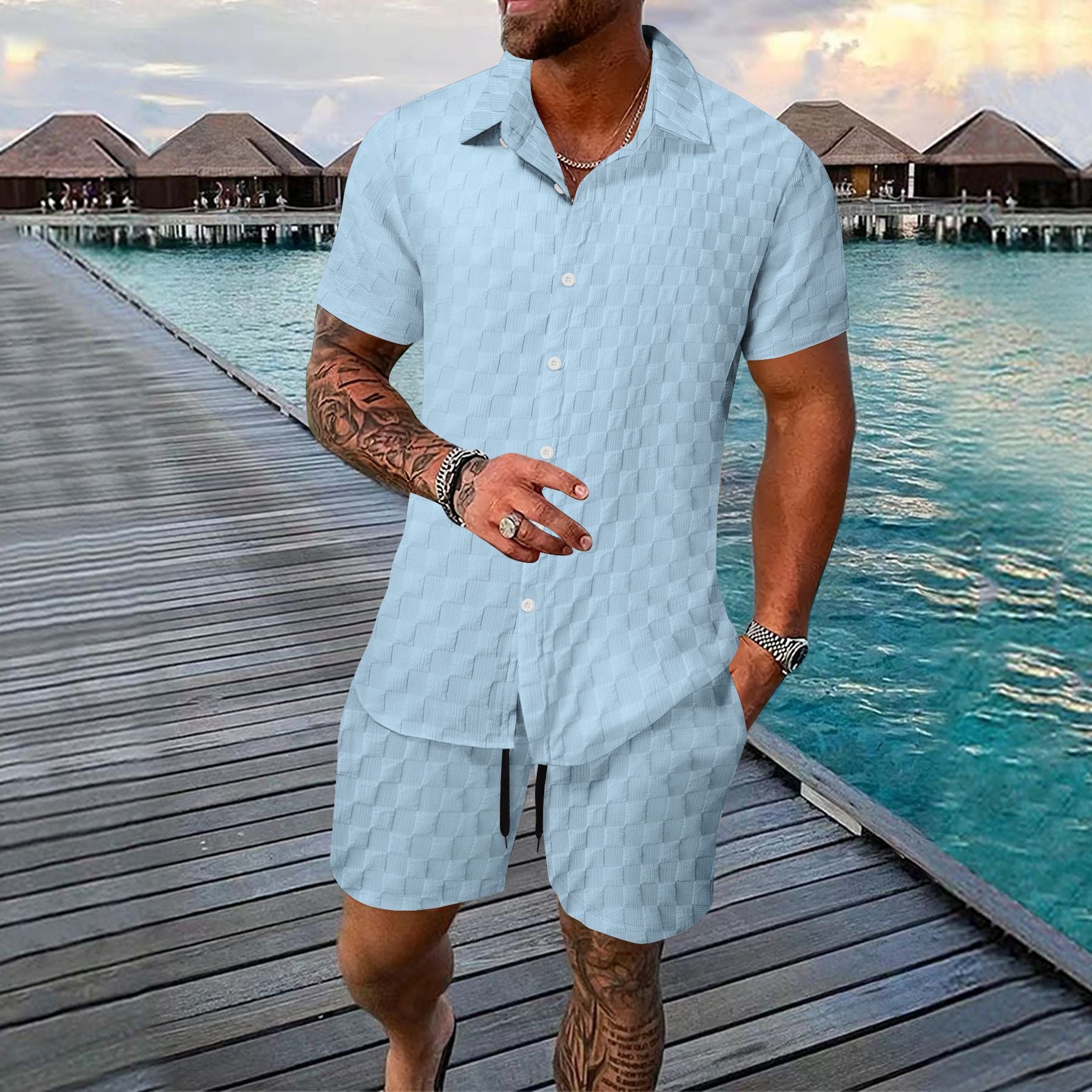 Men's Chemical Fiber Shirt Casual Suit Light Blue - D&A