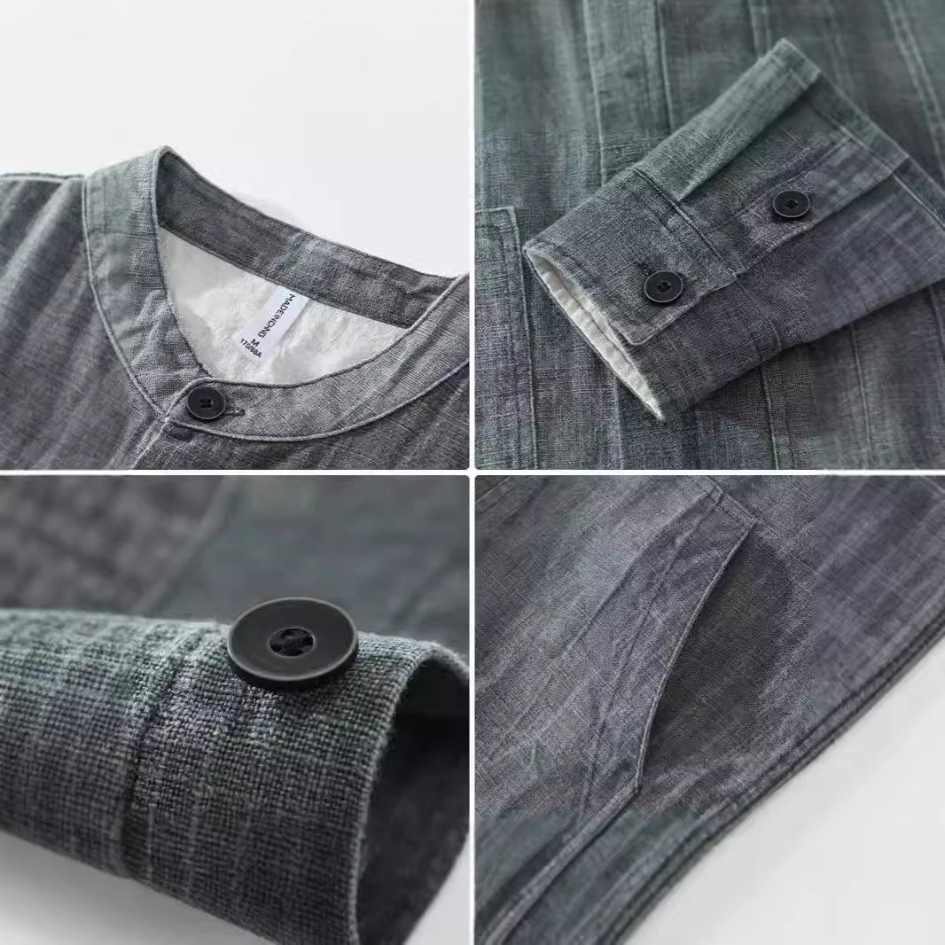 Men's Solid Color Ramie Stand Collar Retro Casual Coat Shirt - D&A