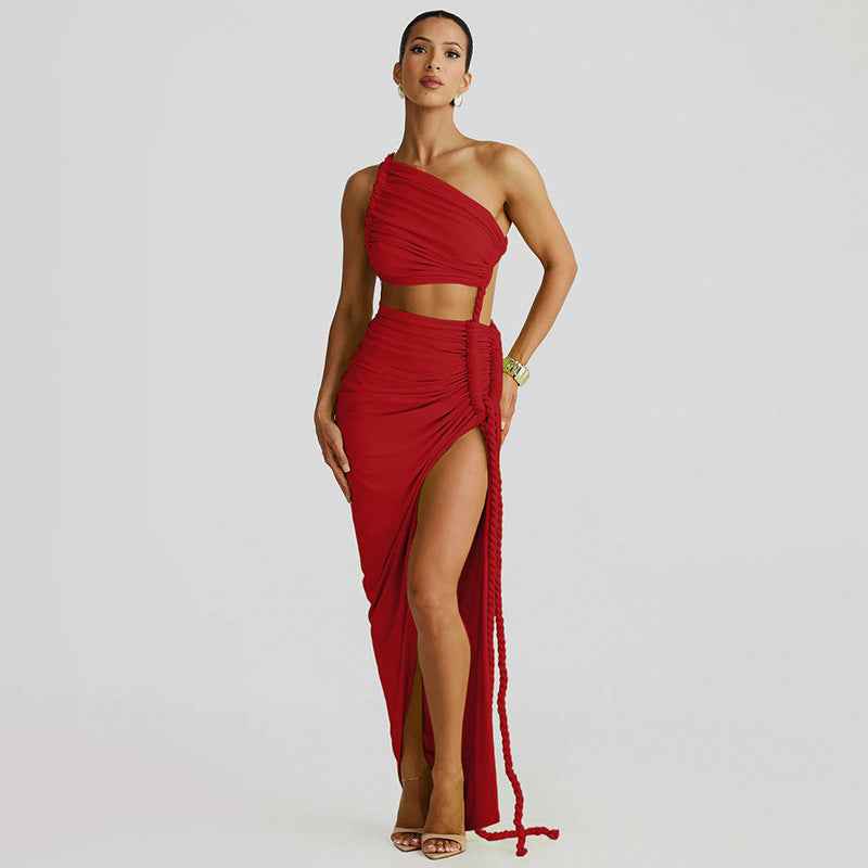 Fashion One Shoulder Tube Top Backless Hollow Tether Ruched Dress