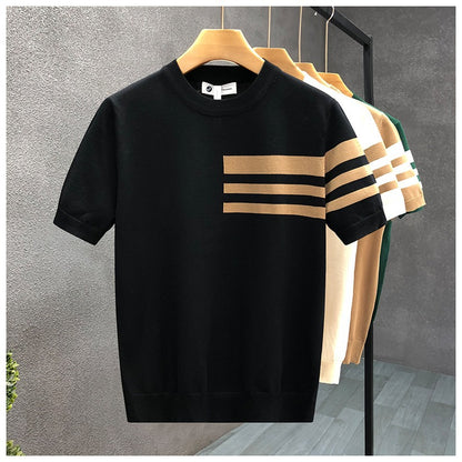 Trendy All-match Round Neck Knitted Short Sleeve Contrast Color Thin T-shirt - D&A