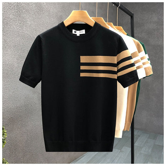Trendy All-match Round Neck Knitted Short Sleeve Contrast Color Thin T-shirt - D&A
