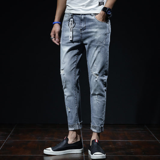 Spring And Summer Ripped Jeans Elastic Small Leg Straight Leg Pants Youth - D&A