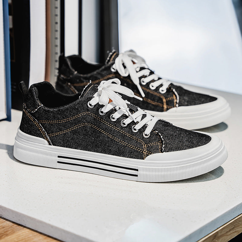 Men's Korean-style Fashion Plus Size Low-top Casual Denim All-matching Sneakers Black - D&A
