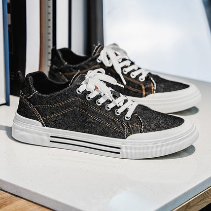 Men's Korean-style Fashion Plus Size Low-top Casual Denim All-matching Sneakers Black - D&A