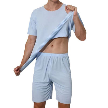 Advanced Ice Silk Round Neck Solid Color Short Sleeve Shorts Suit - D&A