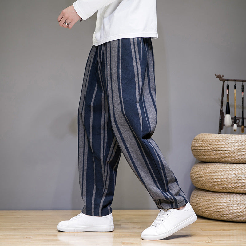 Bold Stripes Wide Men's Casual Pants Navy Blue - D&A