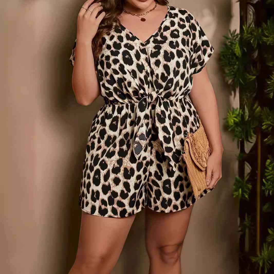 Sexy V-neck Leopard Print Short Sleeve Lace-up One-piece Shorts