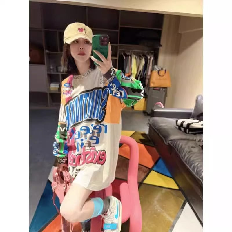 Graffiti Printing Design Round Neck Long Sleeve T-shirt Picture Color - D&A