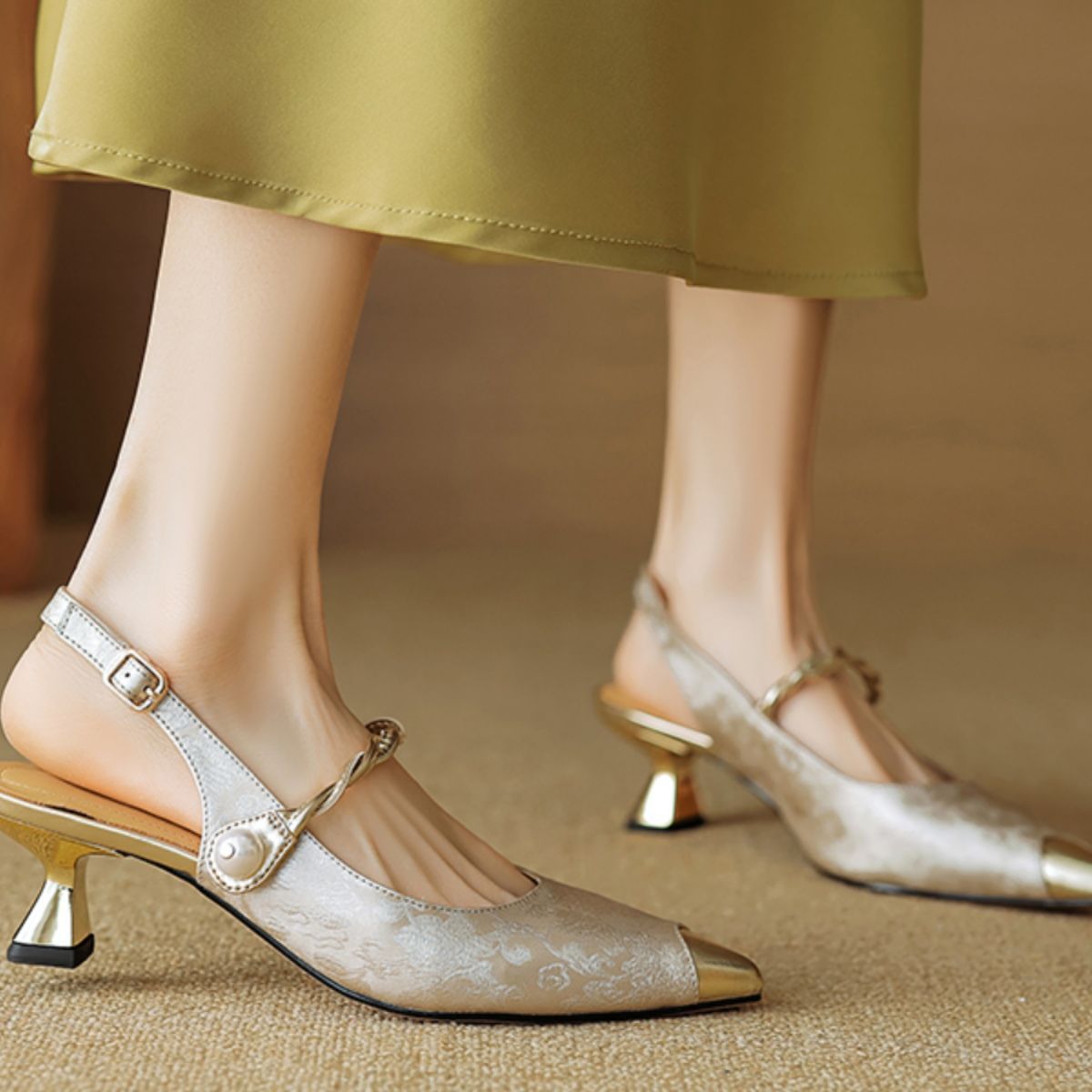 Ankle-strap Stilettos Sandals Pointed Toe Mid Heel Women's Summer Apricot - D&A