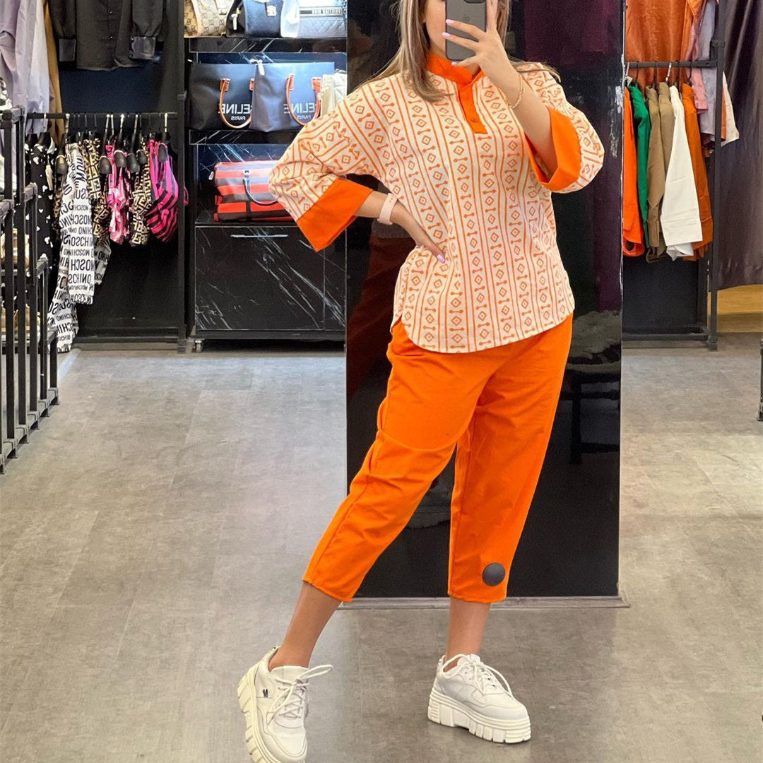 Fashion Cotton And Linen Printed Top Casual High Waist Cropped Pants Women's Suit Orange Suit - D&A