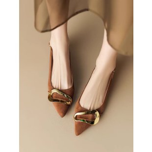 French Retro Metal Buckle Women's Flat-heeled Shoes Brown - D&A