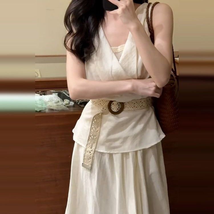 Very Beautiful And Beautiful Tight Waist Vest Dress Beige Apricot Suit - D&A