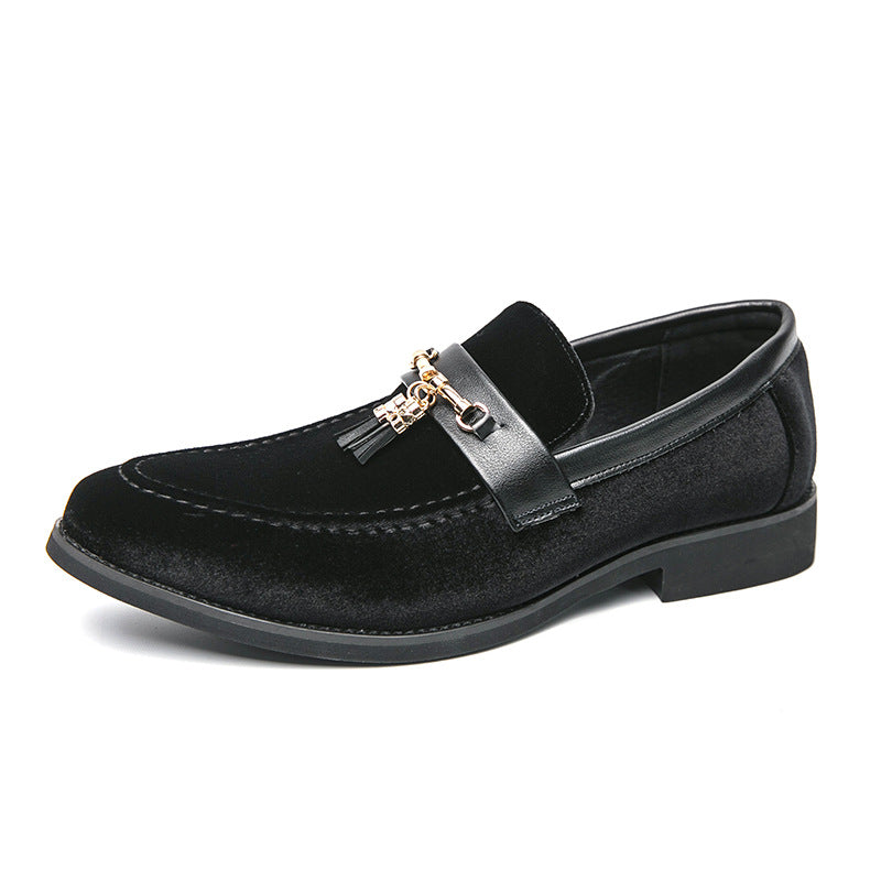 Loafers Solid Color Fringed Leather Shoes Black - D&A