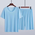 Advanced Ice Silk Round Neck Solid Color Short Sleeve Shorts Suit - D&A