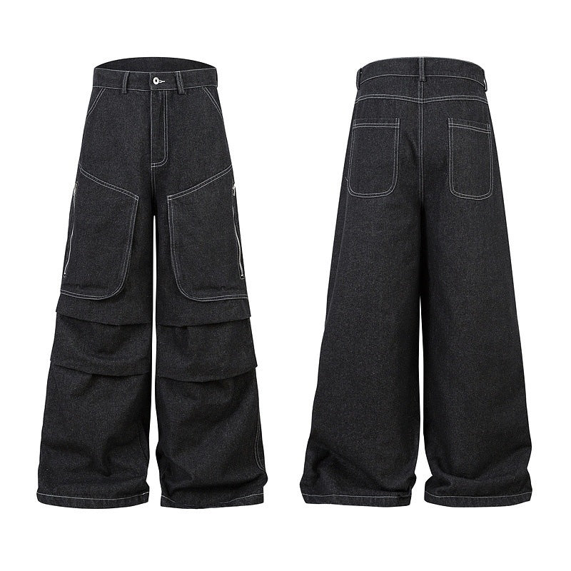 Multi-pocket Pleated Workwear Primary Color Jeans - D&A