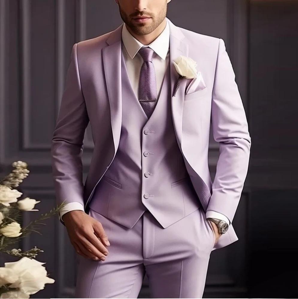 Men's Three-piece Suit Solid Color High Sense Light Purple - D&A