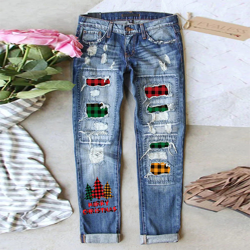 Women's Jeans Ripped Print Patch Christmas Tree Plaid 008473 - D&A