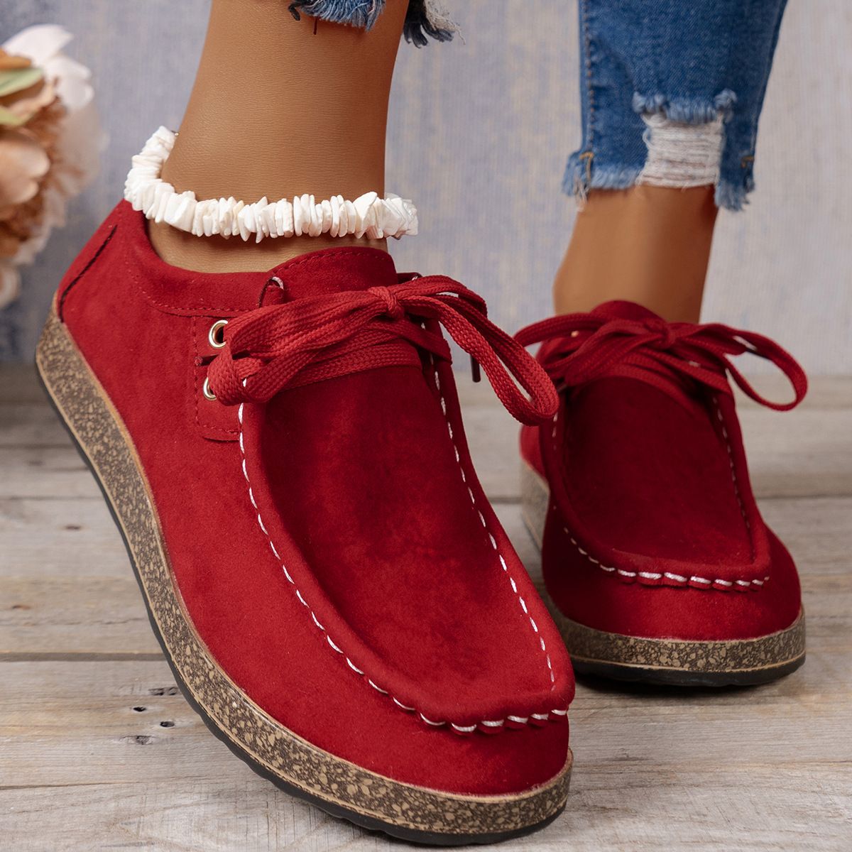 Plus Size Women's Shoes Flat Elastic Band Slip-on Casual Shoes Red - D&A