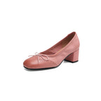 Women's Round Toe Shallow Mouth Gentle Bow Mid Heel Leather Shoes - D&A