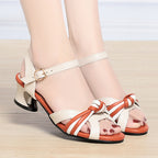 Fashion Top Layer Cowhide Thick Heel Women's Hollow Out Leather Women's Shoes - D&A