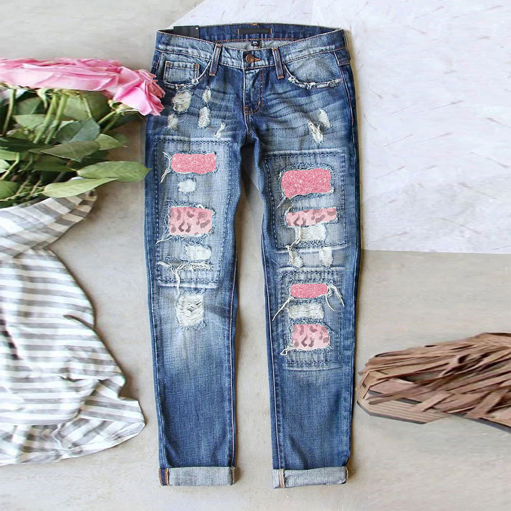 Women's Jeans Ripped Print Patch Stone Pattern 006448 - D&A
