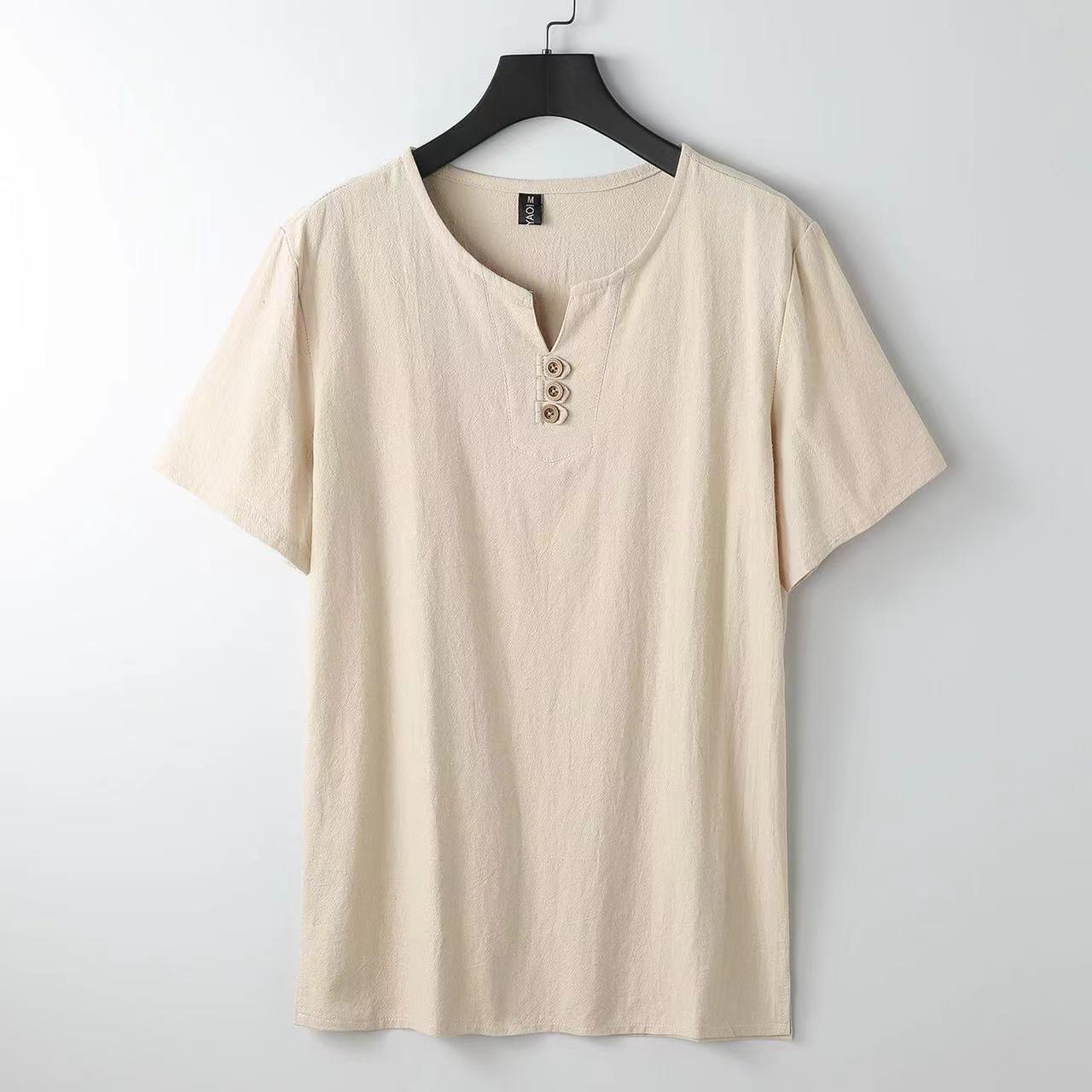 Men's Chinese-style Cotton And Linen V-neck Short Sleeve Apricot - D&A