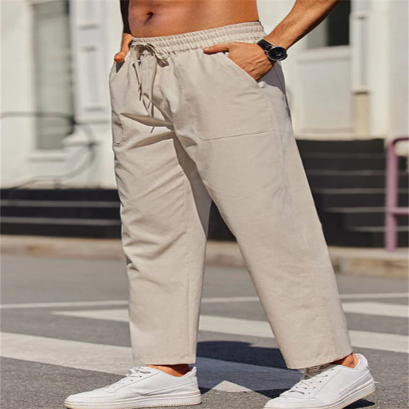 Men's Linen Solid Color Casual Elastic Waist Outdoor Daily Breathable Tube Pants Apricot - D&A
