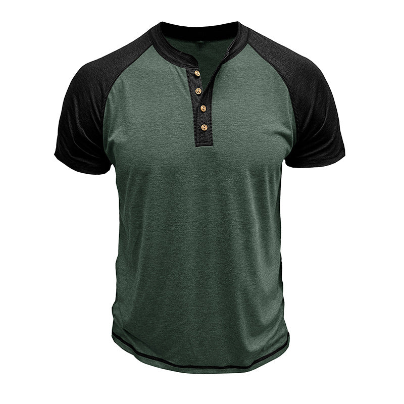 Men's Short Sleeve European And American Color Matching Top Green With Black - D&A