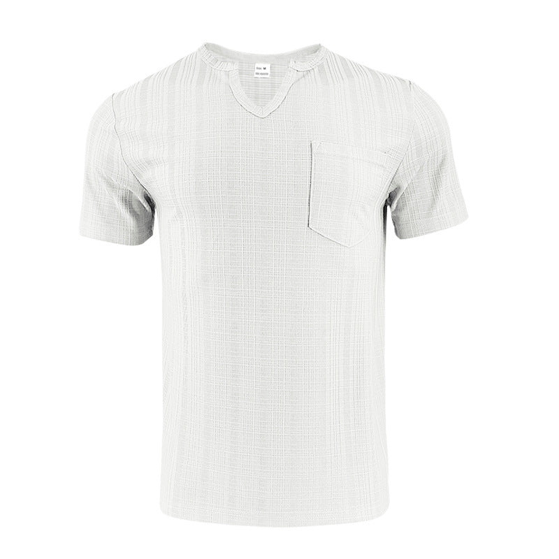Men's Artificial Linen Bamboo Loose Casual Breathable V-neck Solid Color Short Sleeve White - D&A