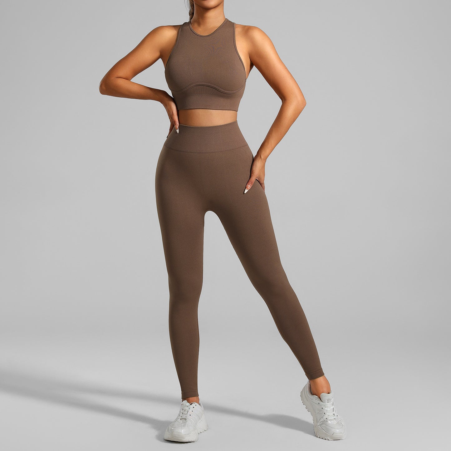 High-strength Running Tight Seamless Yoga Clothes Suit Coffee - D&A