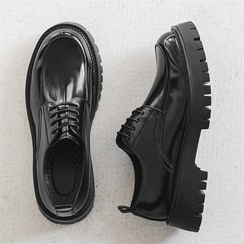 Platform Height Increasing Casual Leather Shoes Black - D&A