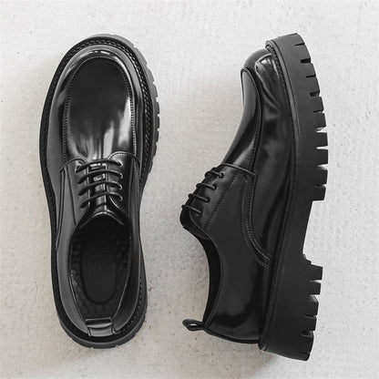 Platform Height Increasing Casual Leather Shoes Black - D&A