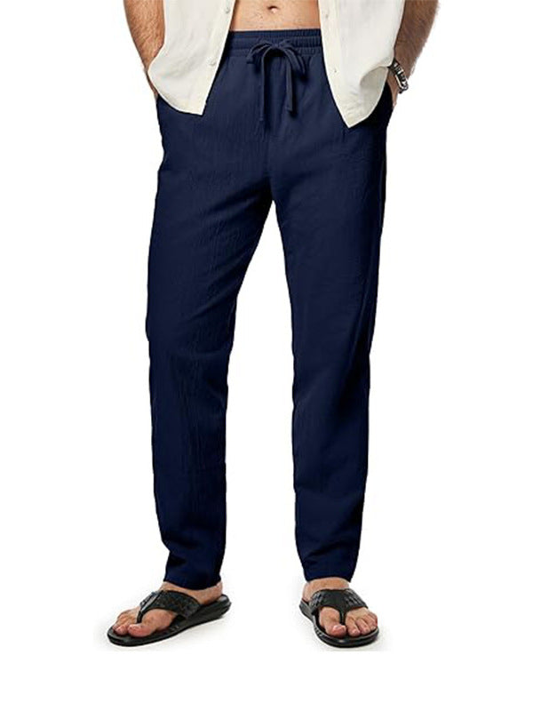 Men's Cotton And Linen Trousers Loose Drawstring Waist Straight Summer Breathable Dark Blue - D&A