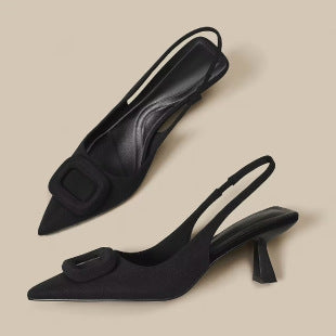 Pointed Toe Classy High Heels High-grade French Square Buckle Black - D&A