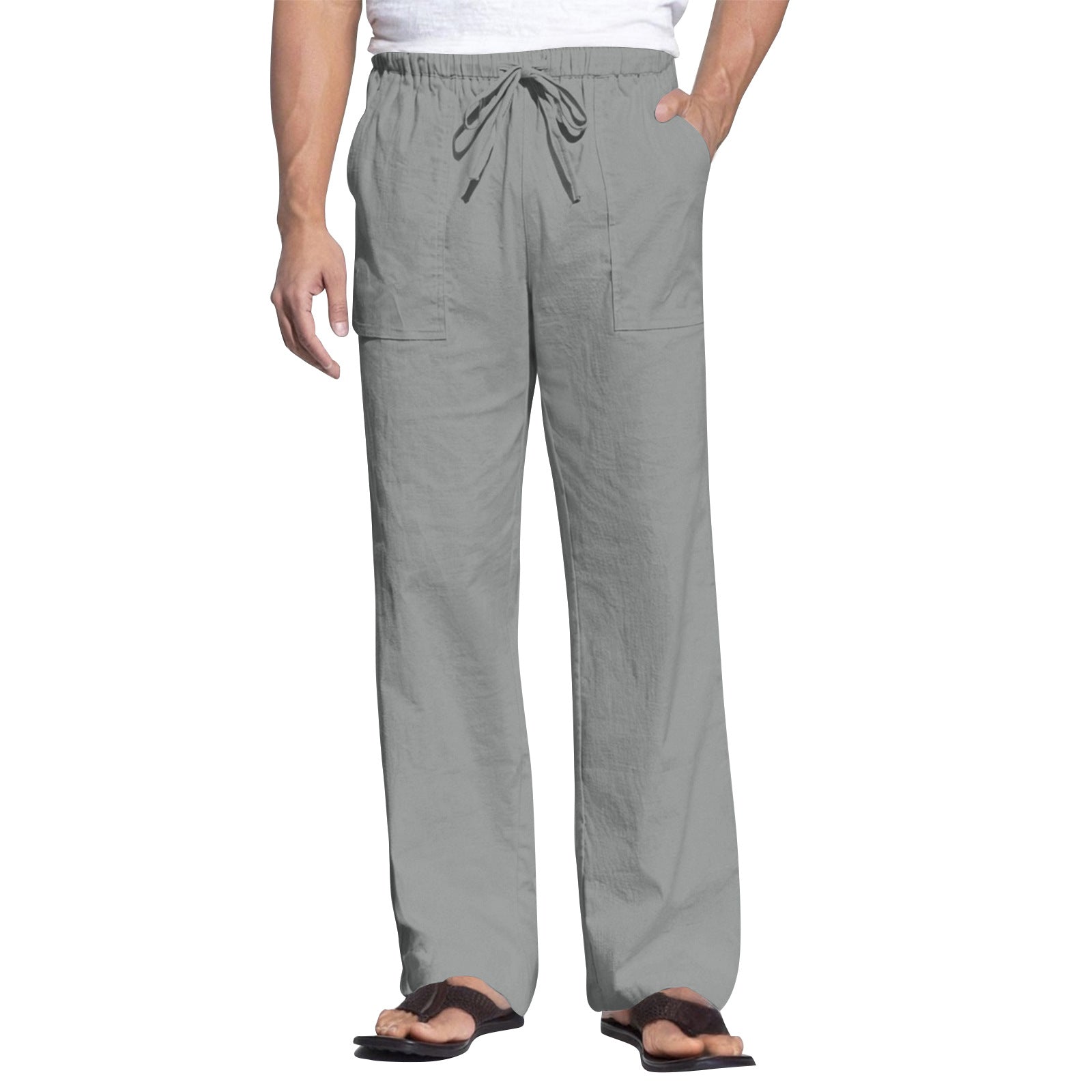 Men's Cotton And Linen Beach Trousers Drawstring Elastic Waist Straight Comfortable Breathable Gray - D&A