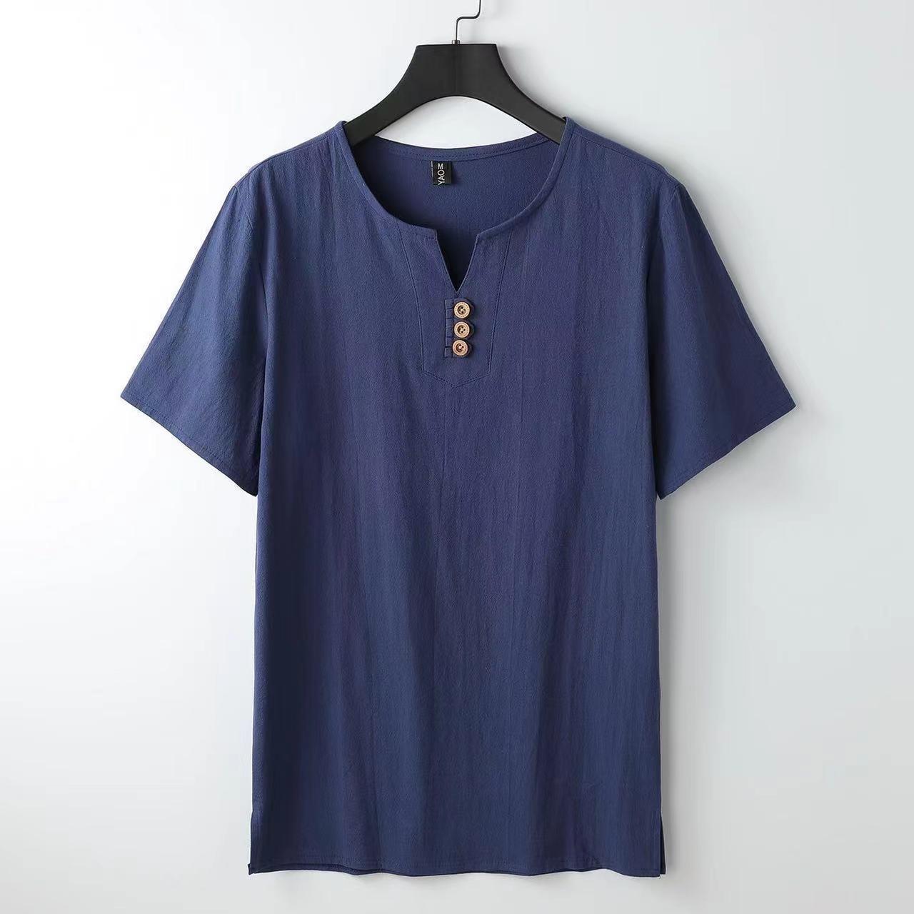 Men's Chinese-style Cotton And Linen V-neck Short Sleeve Navy Blue - D&A
