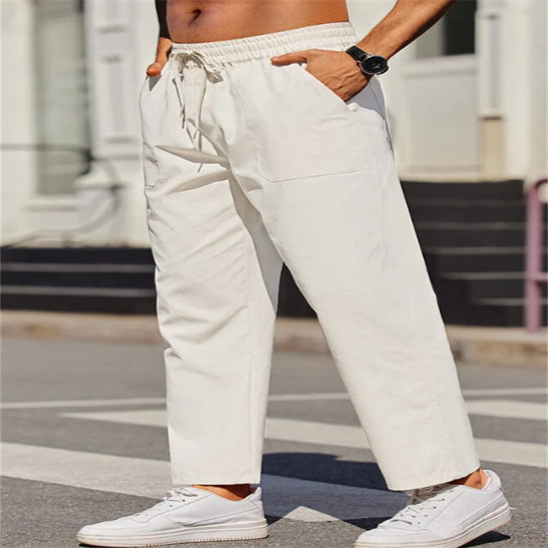 Men's Linen Solid Color Casual Elastic Waist Outdoor Daily Breathable Tube Pants White - D&A