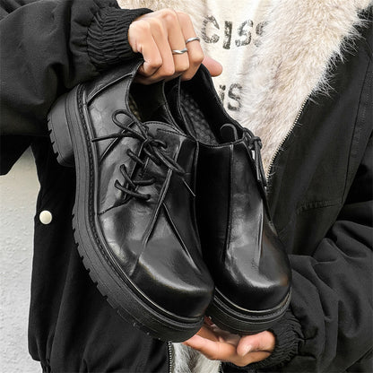 Inner Height Increasing Black Platform Warped Head Leather Shoes Male Size - D&A