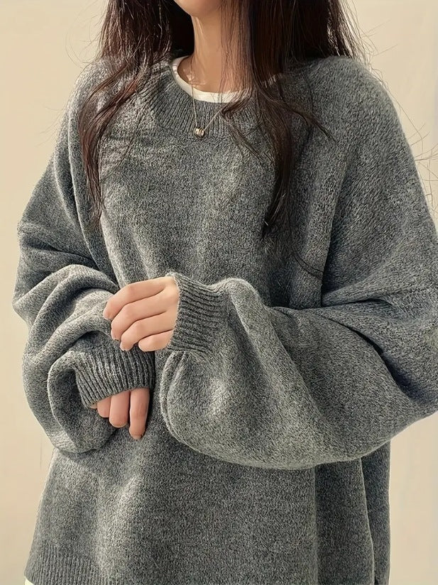 Idle Style Retro Crew Neck Pullover Sweater Gray Free Size - D&A