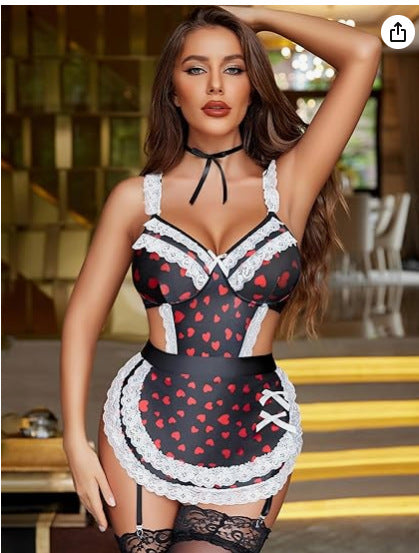 Sexy Women's Hollow Backless Maid Cloth Uniform Suit Red Plaid - D&A